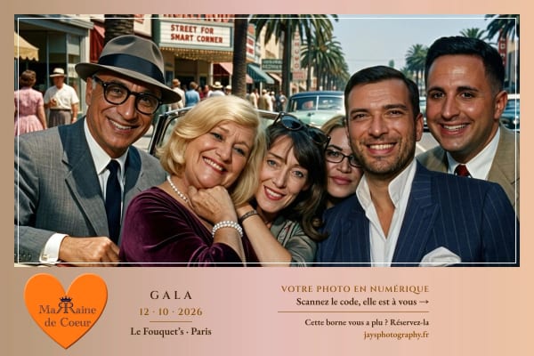 Photo IA du gala au Fouquet's, style « Âge d'or d'Hollywood » : six invités en costumes des années 1950 dans une rue de Hollywood