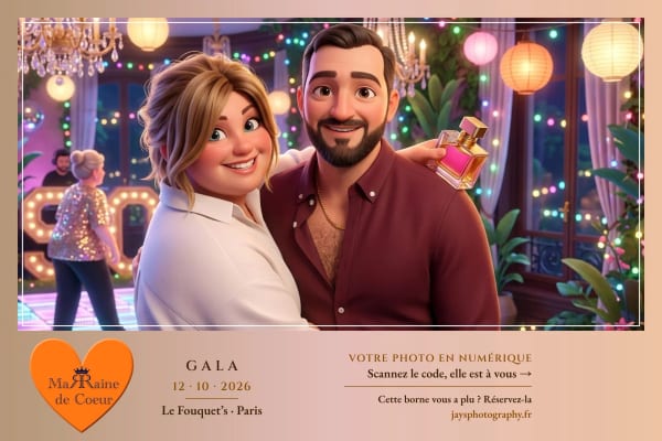 Photo IA du gala au Fouquet's, style « Dessin animé 3D » : deux invités en personnages de dessin animé 3D dans le salon du gala