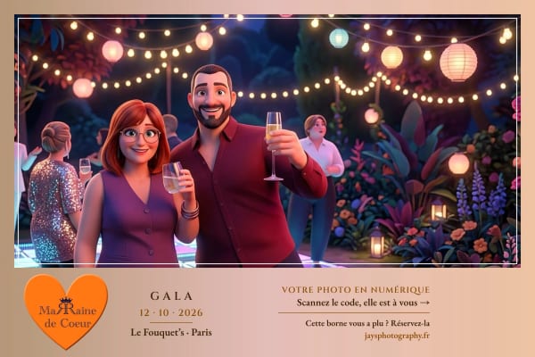 Photo IA du gala au Fouquet's, style « Dessin animé 3D » : trois invités en personnages de dessin animé 3D, coupes levées sous des guirlandes