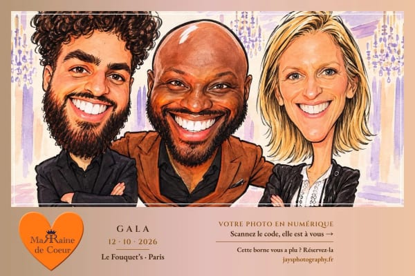 Trois invités dessinés en caricature à l'aquarelle, style IA « Caricature »