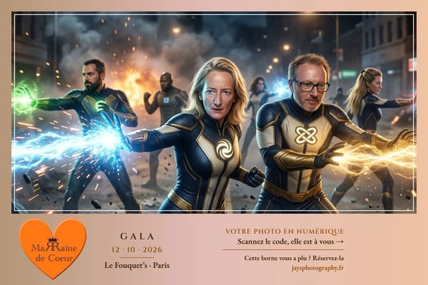 Invités du gala en super-héros au combat dans une rue de nuit, style IA « Super-héros au combat »