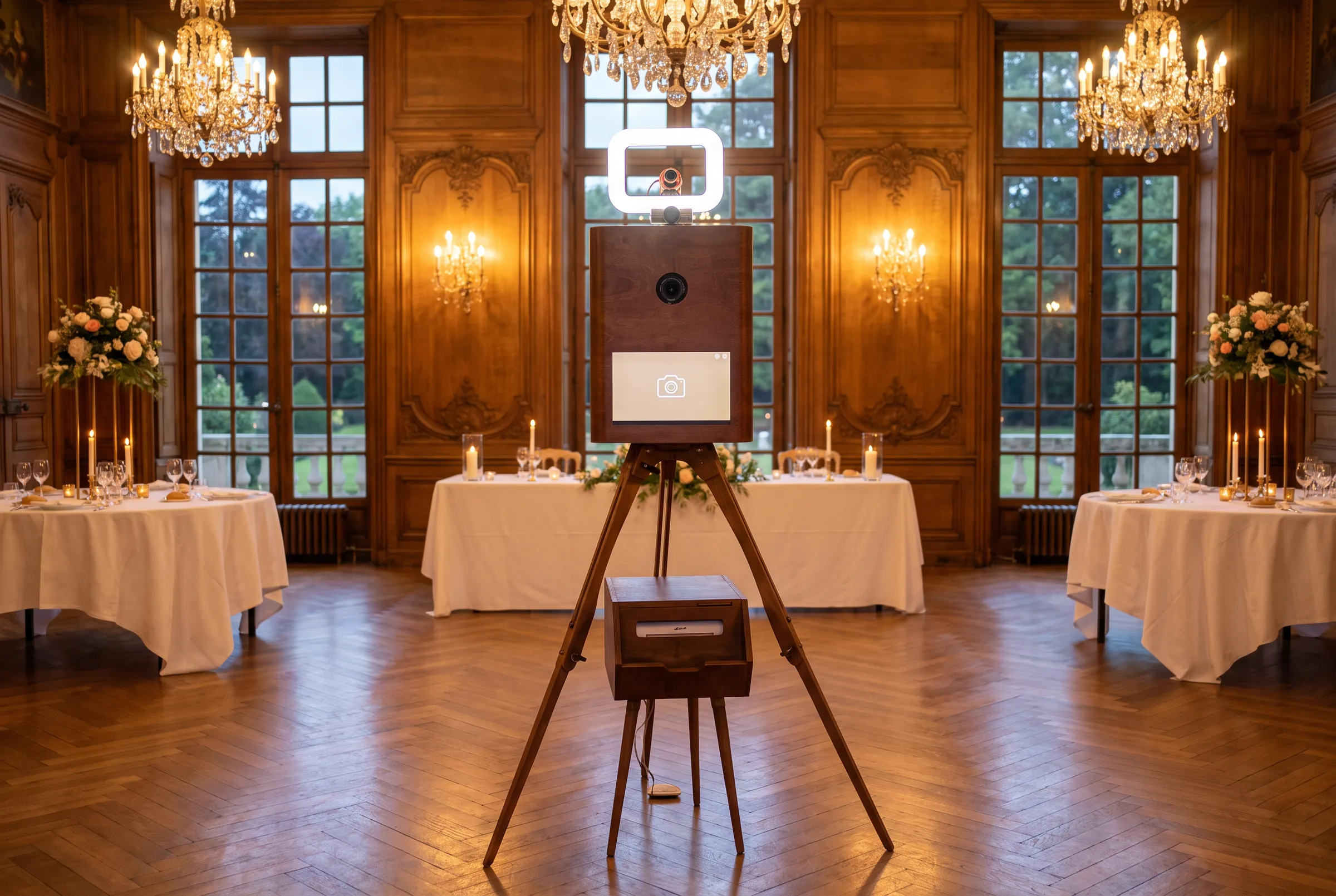 Borne photo en bois Jaysphotography sur son trépied, dans une salle de réception de château aux boiseries et lustres (visuel d'ambiance)