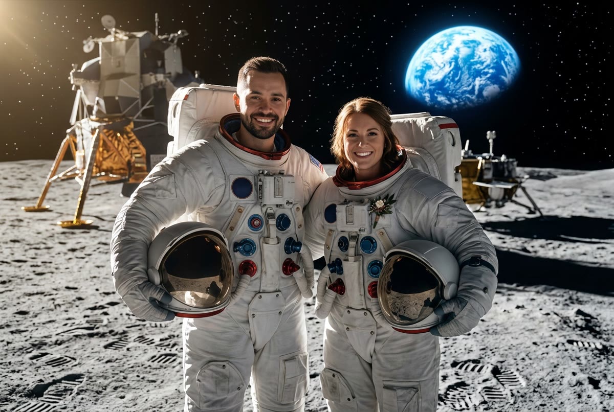 Portrait IA du couple, thème Astronautes — Image créée par intelligence artificielle