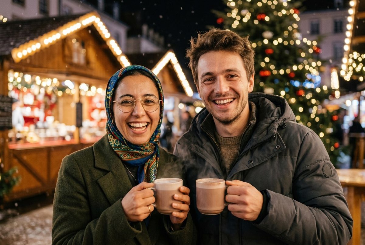 Inès et Lucas au marché de Noël — Image créée par intelligence artificielle