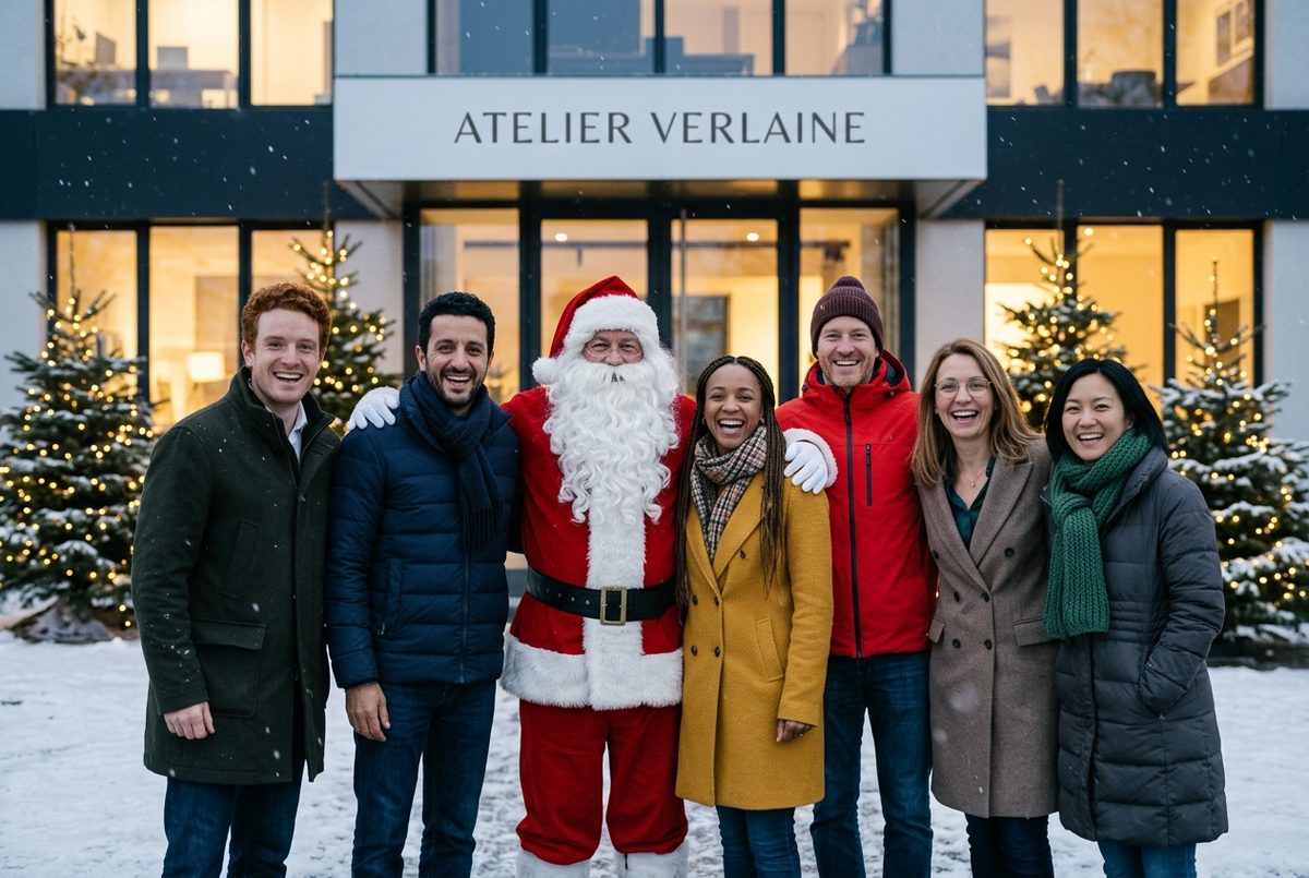 L'équipe et le Père Noël devant le siège enneigé, thème sur mesure — Image créée par intelligence artificielle