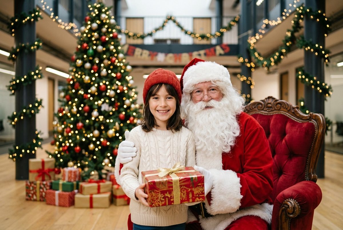Léa et le Père Noël à l'arbre de Noël — Image créée par intelligence artificielle