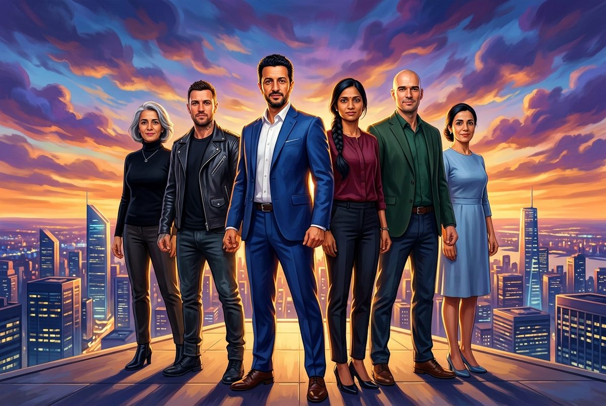 Six collaborateurs en affiche de film de séminaire — Image créée par intelligence artificielle