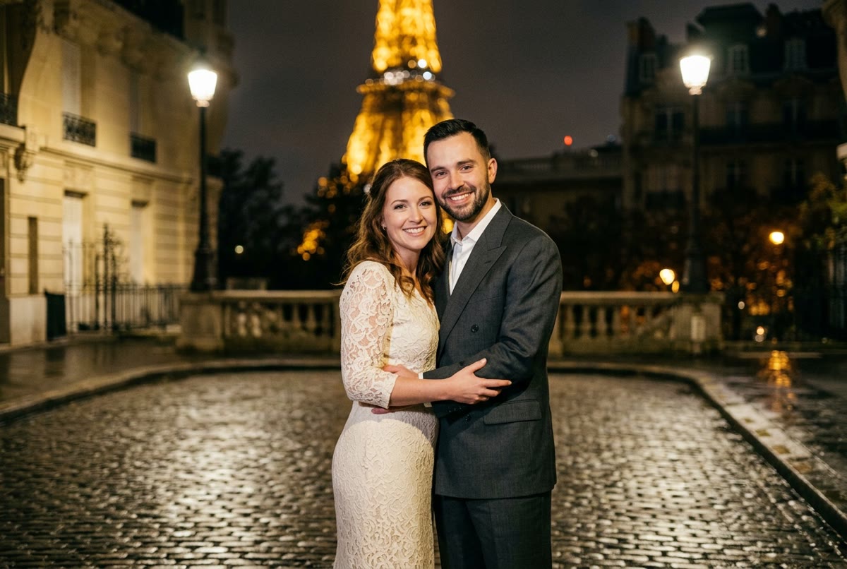 Portrait IA du couple, thème Paris romantique — Image créée par intelligence artificielle