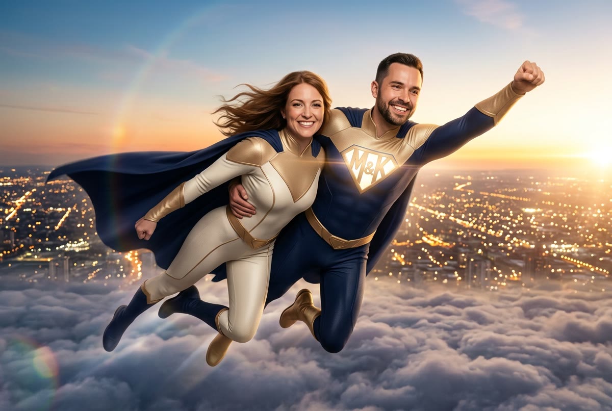Portrait IA du couple, thème Super-héros en vol — Image créée par intelligence artificielle
