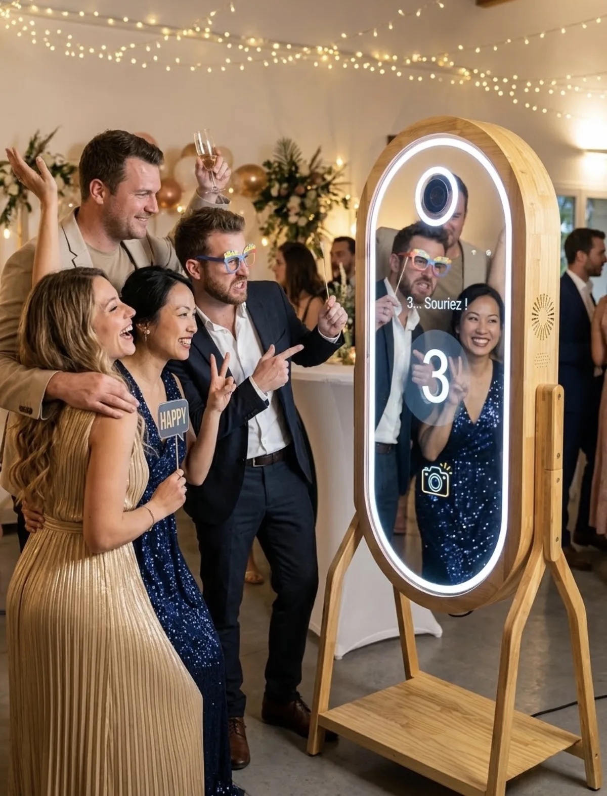 Miroir photobooth en bois avec anneau lumineux pendant une réception (image créée par intelligence artificielle)