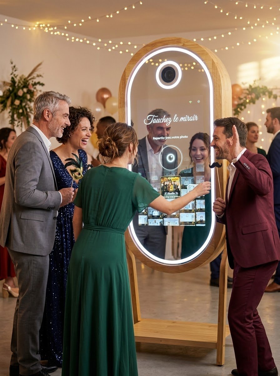 Une invitée touche l'écran du miroir photobooth pour lancer la photo pendant une réception de mariage (image créée par intelligence artificielle)