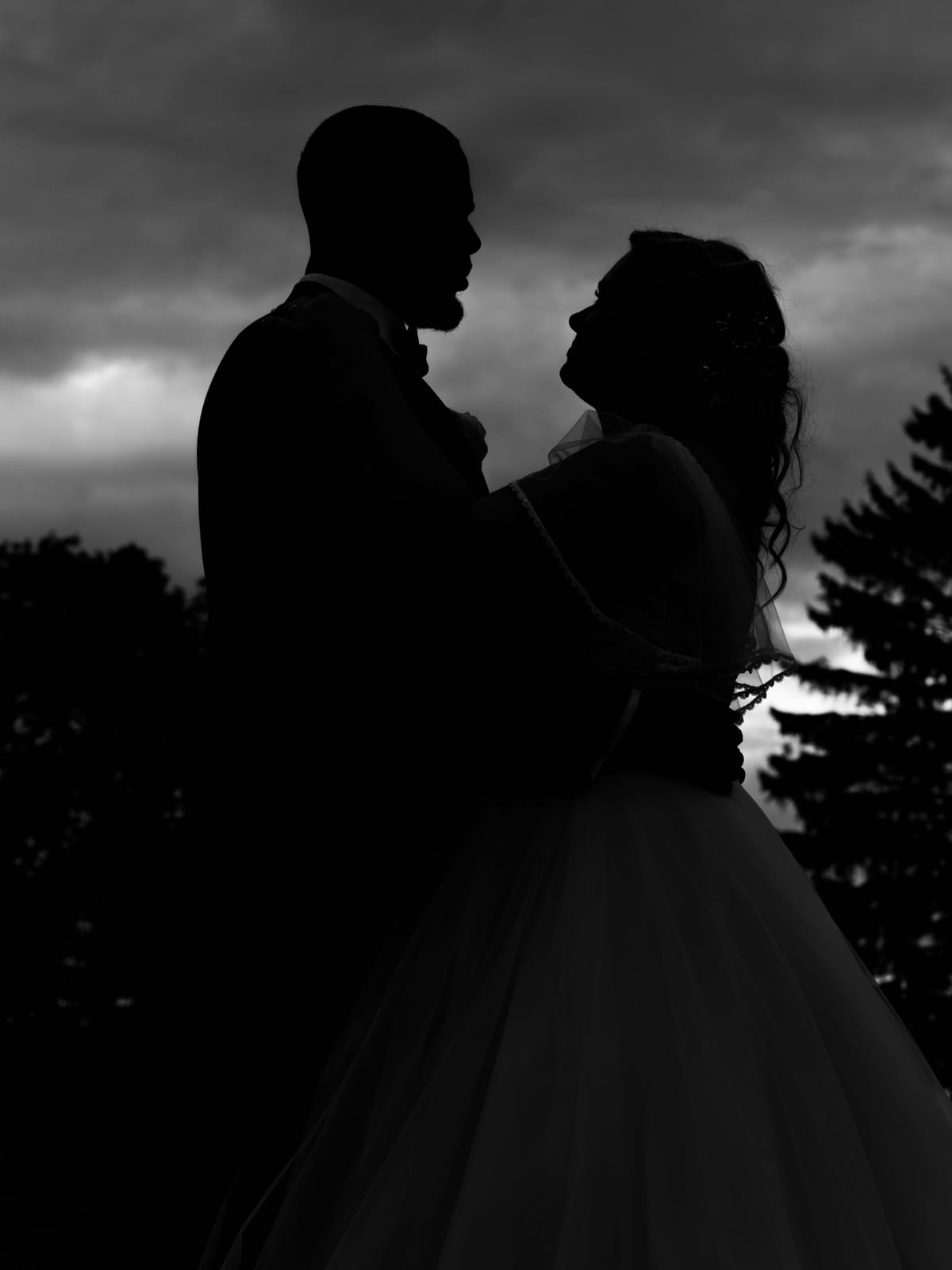 Silhouette N&B d'Anne-Sophie et Issa face à face au crépuscule, ciel bleu nuit, lumière douce sur les contours, mariage au Domaine du Mont Rouge, par Jean-Baptiste Argyre (Jaysphotography)