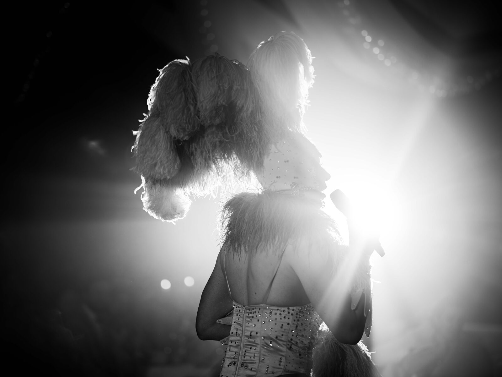Les transformistes de dos en costumes de plumes sous les projecteurs, noir et blanc — mariage au Château de Naours, par Jean-Baptiste Argyre (Jaysphotography)