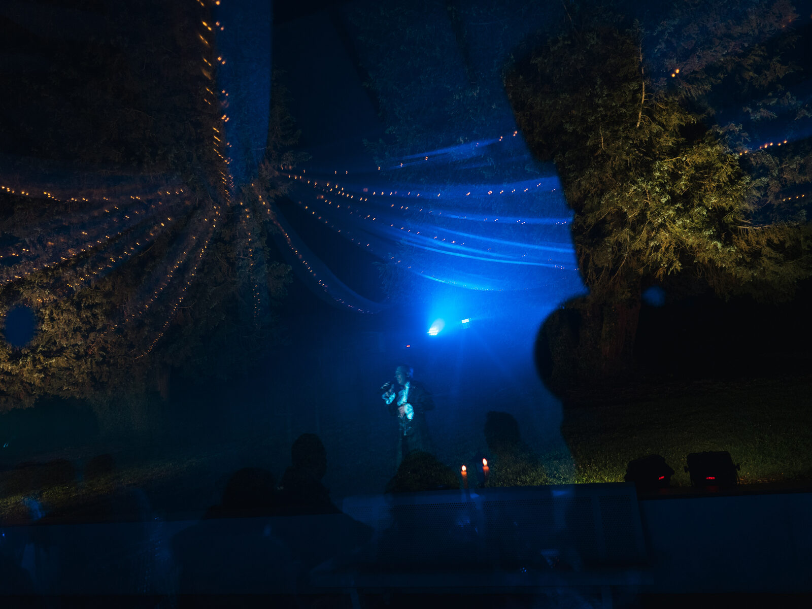 Spectacle nocturne en lumière bleue et fumée dans le parc du château — mariage au Château de Naours, par Jean-Baptiste Argyre (Jaysphotography)