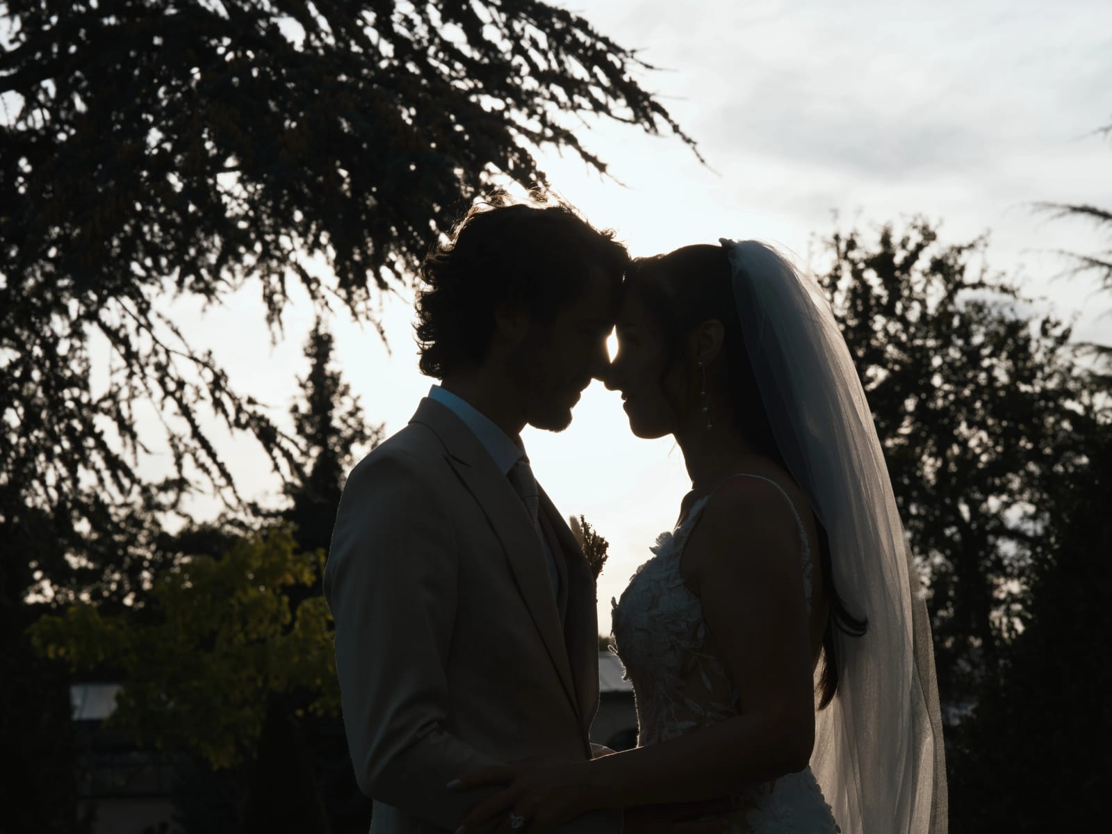 Silhouettes des mariés front contre front à contre-jour sous les branches d'un cèdre, mariage au Clos d'Amblaincourt, par Jean-Baptiste Argyre (Jaysphotography)